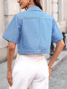 EMERY ROSE Women's Solid Color Front Button Pocket Casual Denim Jacket And Outerwear - Light Wash - View 2