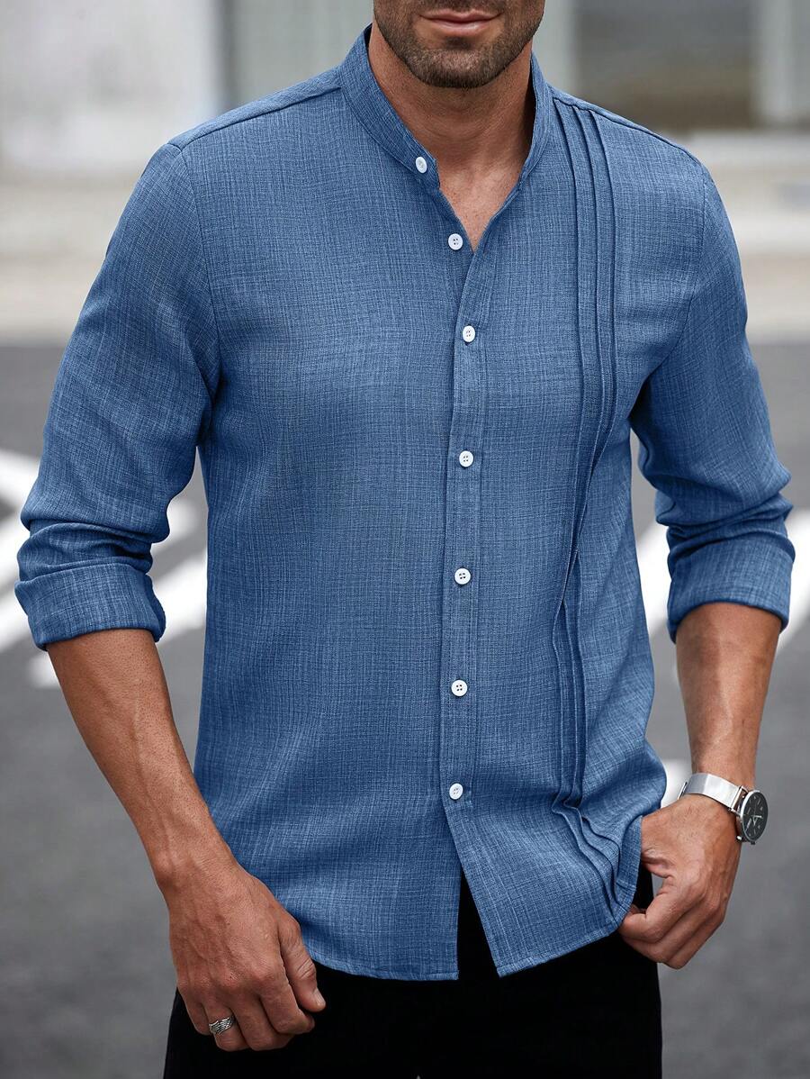 Manfinity Homme Men's Casual Business Commute Solid Color Long Sleeve Button-Up Shirt,Men's Solid Color Texture Casual Wrinkle Double Patch Bag Commuting Light Mature Long Sleeved Button Up Shirt, For Fall - Dusty Blue - View 1