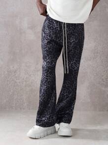 SUMWON Luxurious Flare Fit Animal Print Jogger Pants With Drawstring Waist, Streetwear Relaxed Fit Athletic Fashion Statement Bottoms - Black - View 3