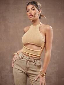 Hauture 夏季女士，女士，性感波西米亚风裸色半透明金属针织镂空做旧上衣，女式上衣，春季女士，女式背心，夏季女士上衣，夏季上衣，露背上衣，度假，日常 - 金色 - 查看 2