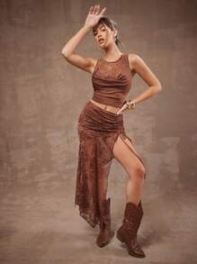 Hauture Women's Boho High Slit Ruched Brown Floral Lace Handkerchief Hem Maxi Skirt,Summer Seductive Night Spring Long Skirts - Brown - View 4
