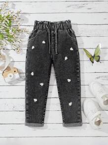 Young Girl Daisy Pattern Pocket Loose Casual Jeans - Dark Grey - View 1