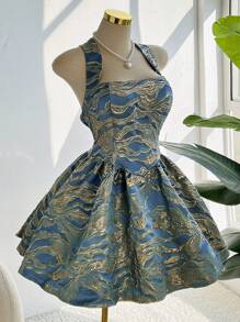 Chiquease Elegant Jacquard Backless Halter Mini Dress