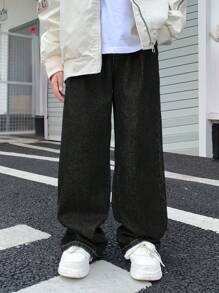 SHEIN Tween Boy Fashion Casual Y2k Basic Loose Comfortable Straight Leg Jeans For Kids Clothes Boys Soft Dailywear And Kids Summer And Spring Clothes - Black - View 4