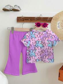 SHEIN Cute Rabbit Print Casual 2Pcs Set, Includes Round Neck Short Sleeve Top & Flare Pants For Young Girls, Suitable For Summer