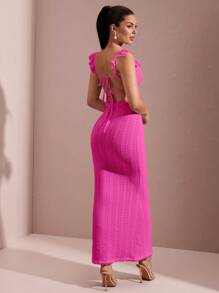 SHEIN BAE Sexy Hollow-Out Crochet Textured Ruffle Trim Cap Sleeve Open Back Lace-Up Dress, Elegant, Summer