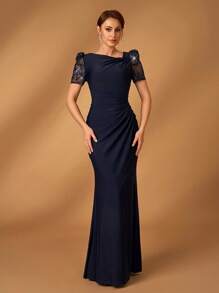 Serin Vestido de noche elegante y hermoso de color azul marino oscuro con mangas cortas, bordado floral con cuentas, tejido elástico plisado con abertura baja en la Bottom tipo cola de pez, adecuado para cena, despedida de soltera, cita, festival de música, baile, vacaciones, boda, evento, novia, madre, Día de San Valentín - Azul Marino - Ver 8
