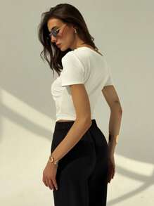 Aloruh Women's Solid Color Oblique Shoulder Short Sleeve T-Shirt, Simple & Fashionable, Suitable For Summer