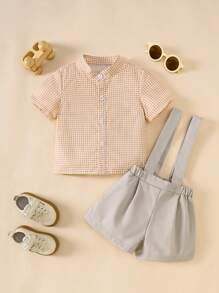 SHEIN French Retro Gentleman Style Toddler Boys 2pcs Set: Plaid Short Sleeve Shirt + Bib Shorts, Casual Fashion Spring/Summer - Orange - View 4
