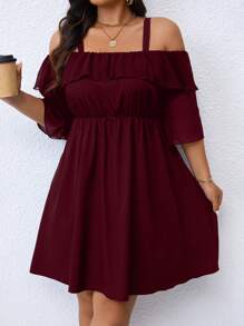 EMERY ROSE Plus Size Women Solid Color Ruffle Elegant Ruffle Hem Dress - Burgundy - View 5