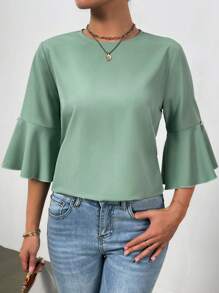 Chiquease Women's Solid Color Round Neck Handmade Beaded Flare Sleeve Shirt