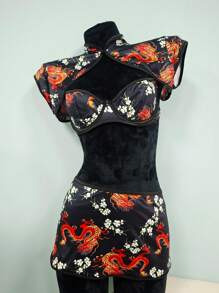 Fantasy Costume 4pcs/Set Sexy Printed Underwire Push-Up Hollow-Out Women's Lingerie Sets