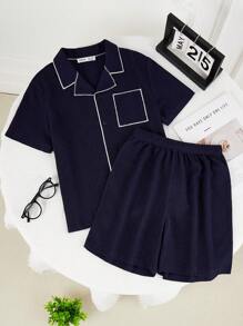 2pcs/Set Boys Oversized Solid Navy Blue Textured Fabric Casual Short Sleeve Top And Shorts Set, Loose & Comfortable Loungewear - Royal Blue - View 8