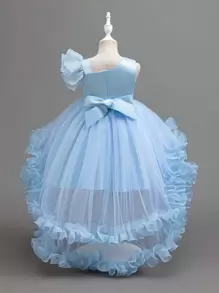 Glamorique Kids 小女孩圣诞老人连衣裙，新年派对礼服，钢琴演奏会表演薄纱蝴蝶结镂空露背荷叶边公主裙，皇家蓝派对礼服 - 淺藍色 - 查看 2