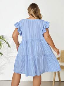 SHEIN CURVE+ Plus Striped Print Ruffle Trim Smock Summer Dress Boho Vacation - Blue and White - View 2