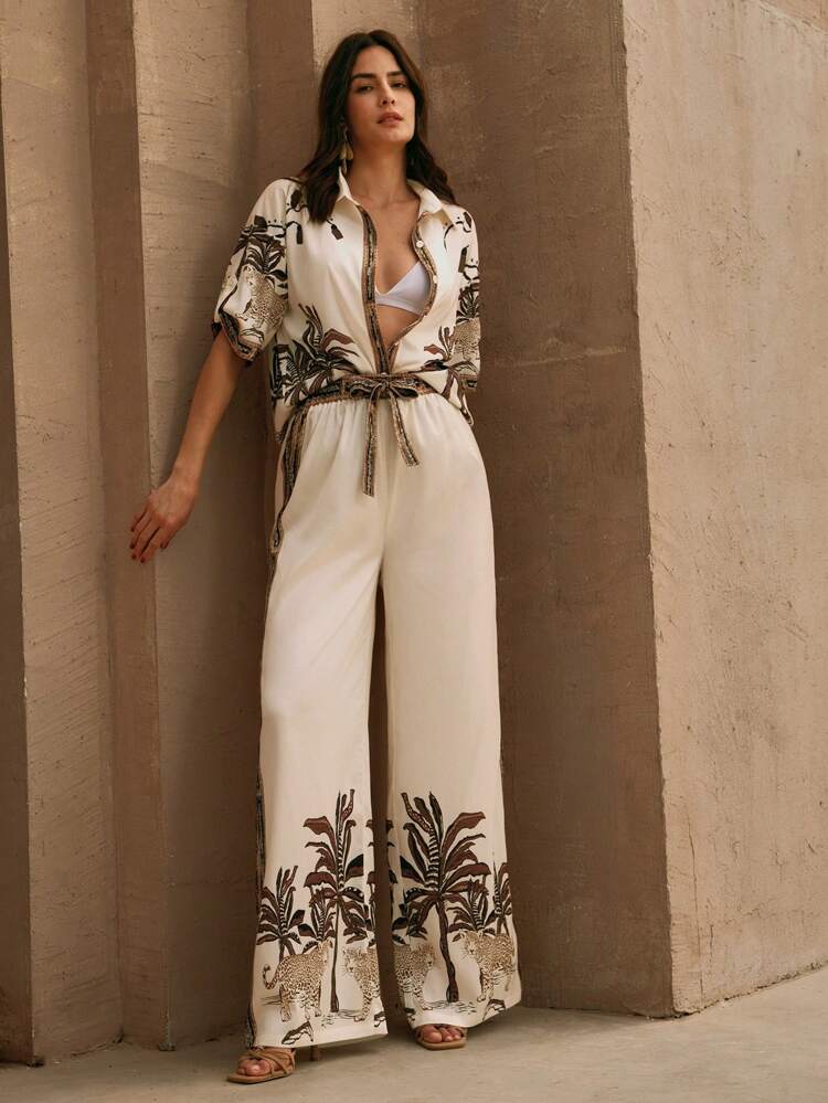 Boho Chic, Resort Wear Women, Elegant Loose Casual Vintage-Style Printed Blouse And Wide Leg Pants Two Pieces Set, Spring/Summer, Going Out, Vacation Outfits
