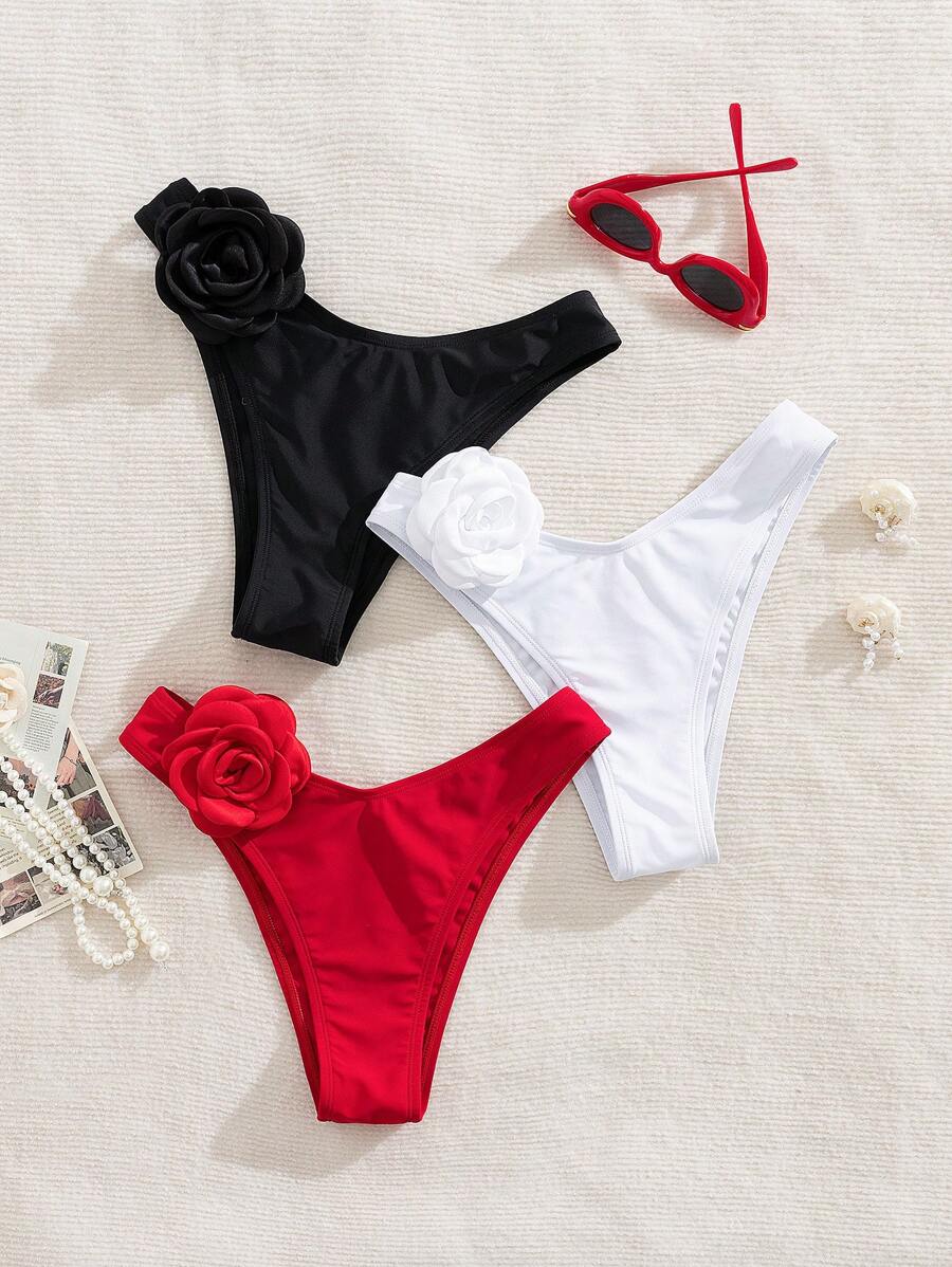 SHEIN Swim 3-Piece Set Women's Low Waist Fashion Simple Solid Color Floral Decor Bikini Swimwear For Vacation For Summer