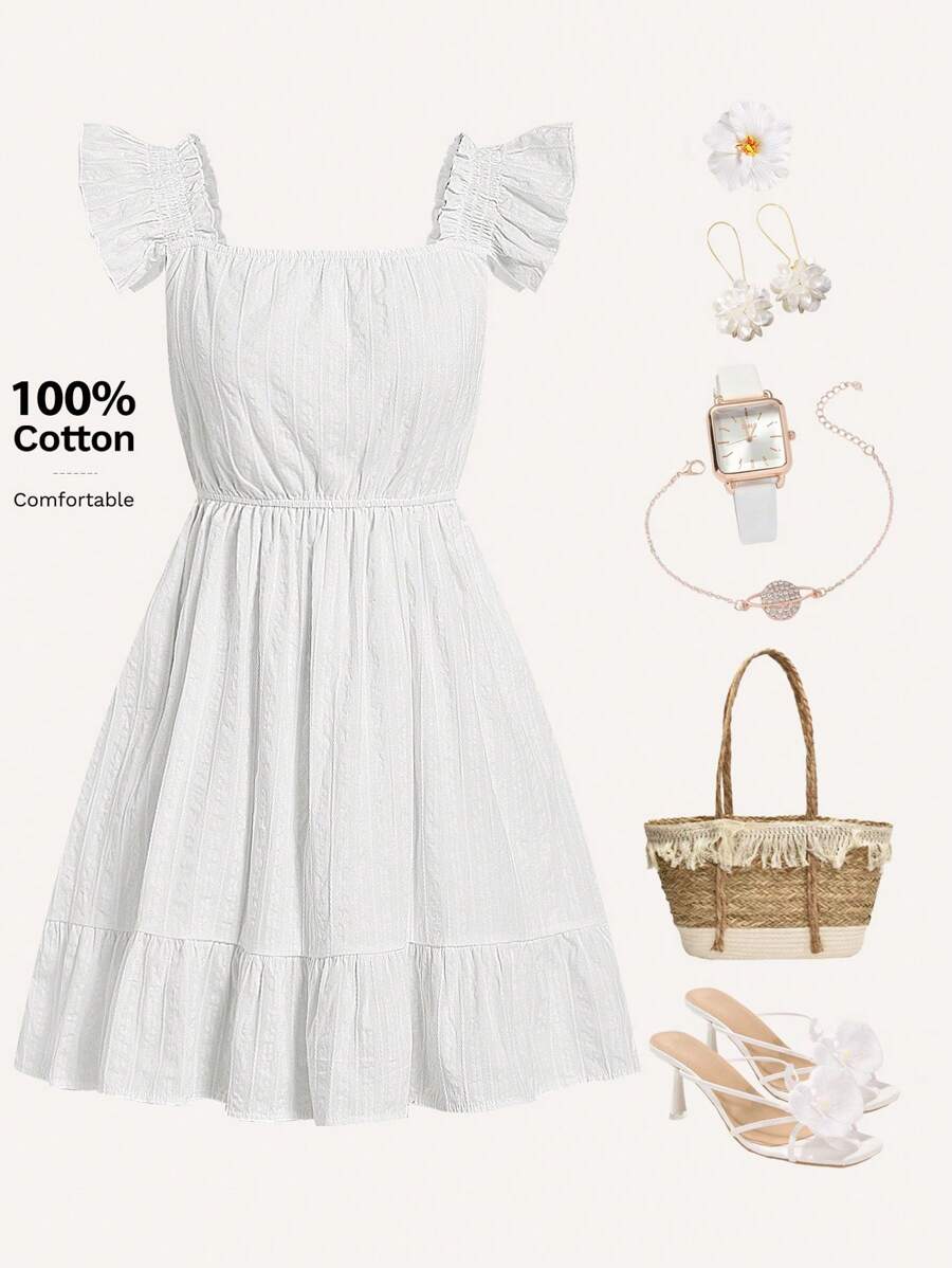 Ellevyn Women's Cap Sleeve Square Neck A-Line Dress,  Beach Outfits For Woman - White - View 1