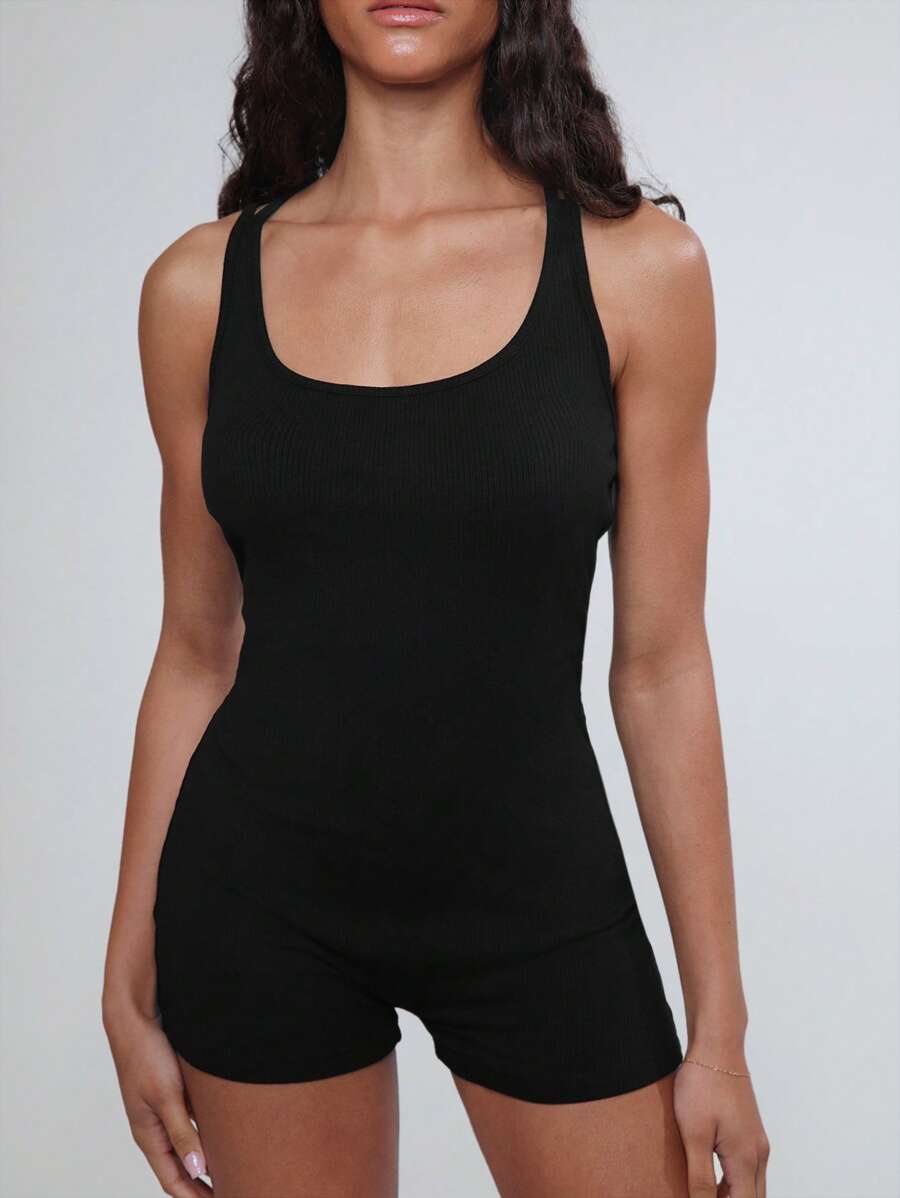 TRNVIE 女士纯色休闲交叉后背紧身连体衣