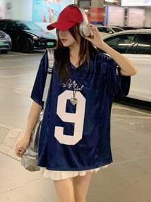 DAZY 女式V领短袖休闲运动T恤学院风上衣 - 藍色 - 查看 3