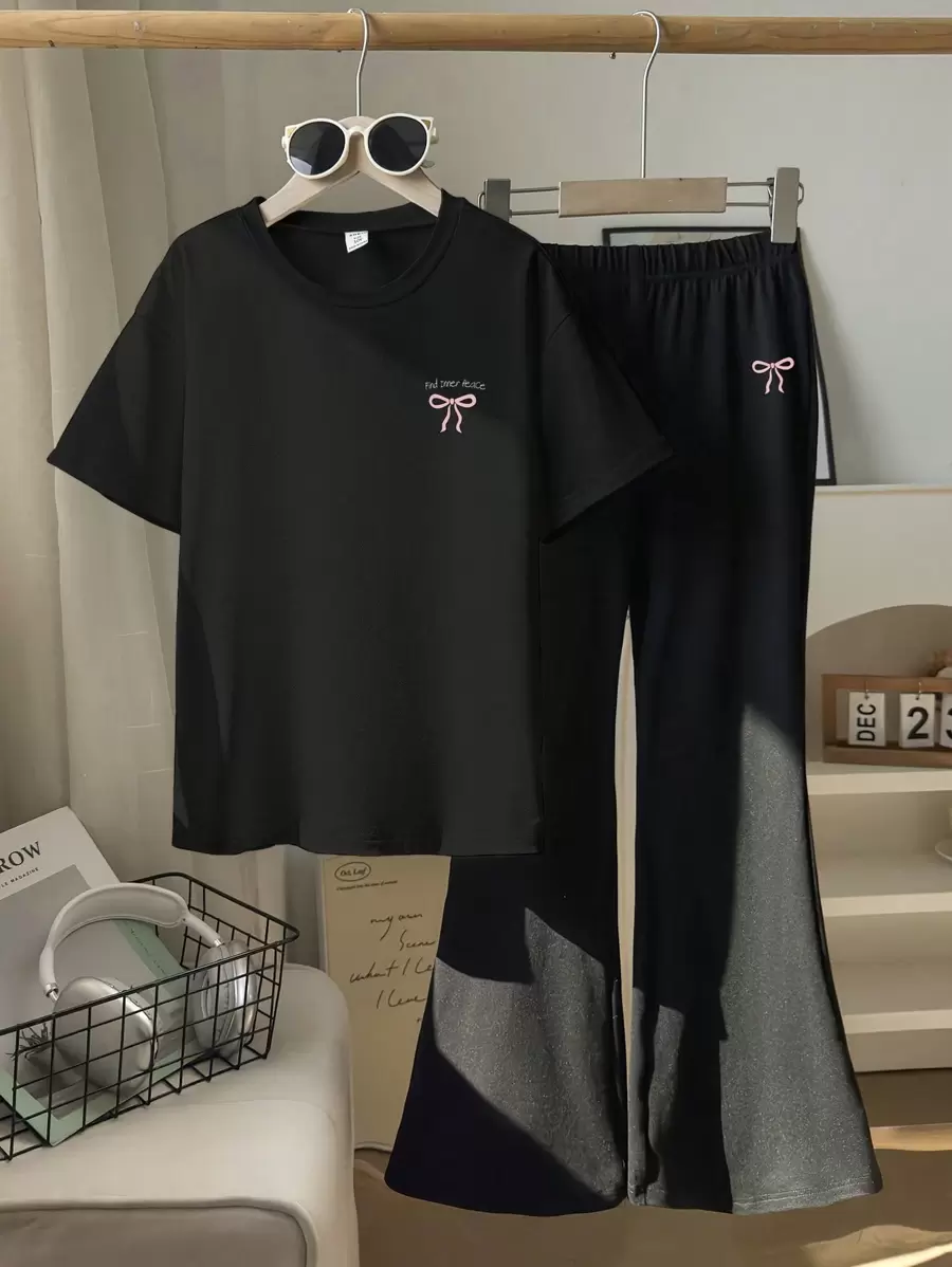 Sparklyn Teen Girl "Find Inner Peace" Butterfly Print Round Neck Short Sleeve T-Shirt And Black Knit Leggings Pants 2 Pieces Set - Black - View 1