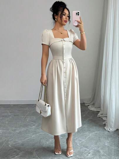 Elenzga 女士优雅工作梯形领翻领纽扣腰部 A 字形褶皱下摆开衩下摆长袖连衣裙，春夏