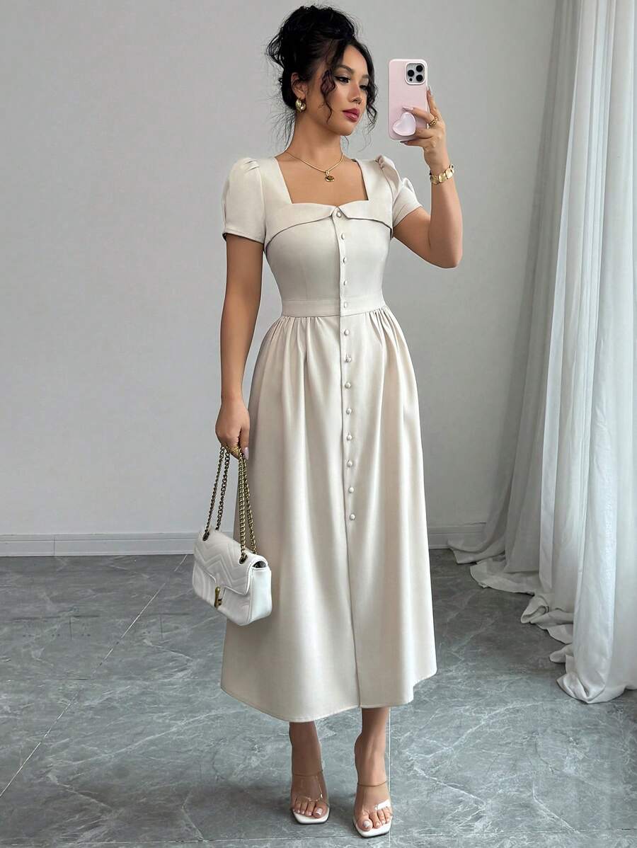 Elenzga 女士优雅工作梯形领翻领纽扣腰部 A 字形褶皱下摆开衩下摆长袖连衣裙，春夏 - 杏色 - 查看 1