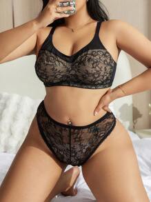 2pcs Plus Size Women Comfy Lace Trim Wireless Lingerie Bra & Panty Set - Black - View 6