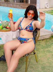 SHEIN Swim Curve Plus Size Women's Printed Halter Swimwear Tankini Set With Drawstring Bottom, Bohemian Style For Pool & Beach