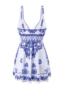 Swim Lushoire 加大码花卉印花分体泳衣套装，蓝白瓷图案优雅女士度假海滩装 - 彩色 - 查看 3