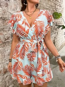 Breezaya Plus Size Women's Light Blue Floral Print Wrap Jumpsuit,Short Sleeve Ruffle Cooling Dress,Summer Boho Vacation Holiday Elegant Loungewear Outfit - Multicolor - View 4