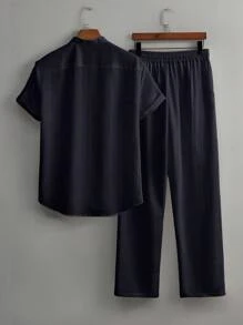 Manfinity Homme Set de 2 piezas para hombre con camisa de manga corta de unicolor con textura y pantalones rectos de cintura con cordón, ropa informal para hombres, ropa de verano para hombres