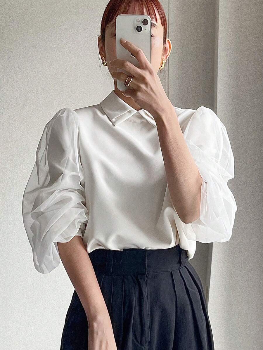 FRIFUL Áo cánh lưới vá màu trơn cổ bẻ thanh lịch dành cho nữ, Áo dài tay thời trang trở lại trường - trắng - Xem 1