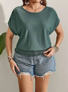 SHEIN LUNE Plus Size Women's Bohemian Short Sleeve Green T-Shirt Top For Music Festival In Spring And Summer Loose Crew-Neck Casual T-Shirt Hem Tightening Holiday Casual T-Shirt