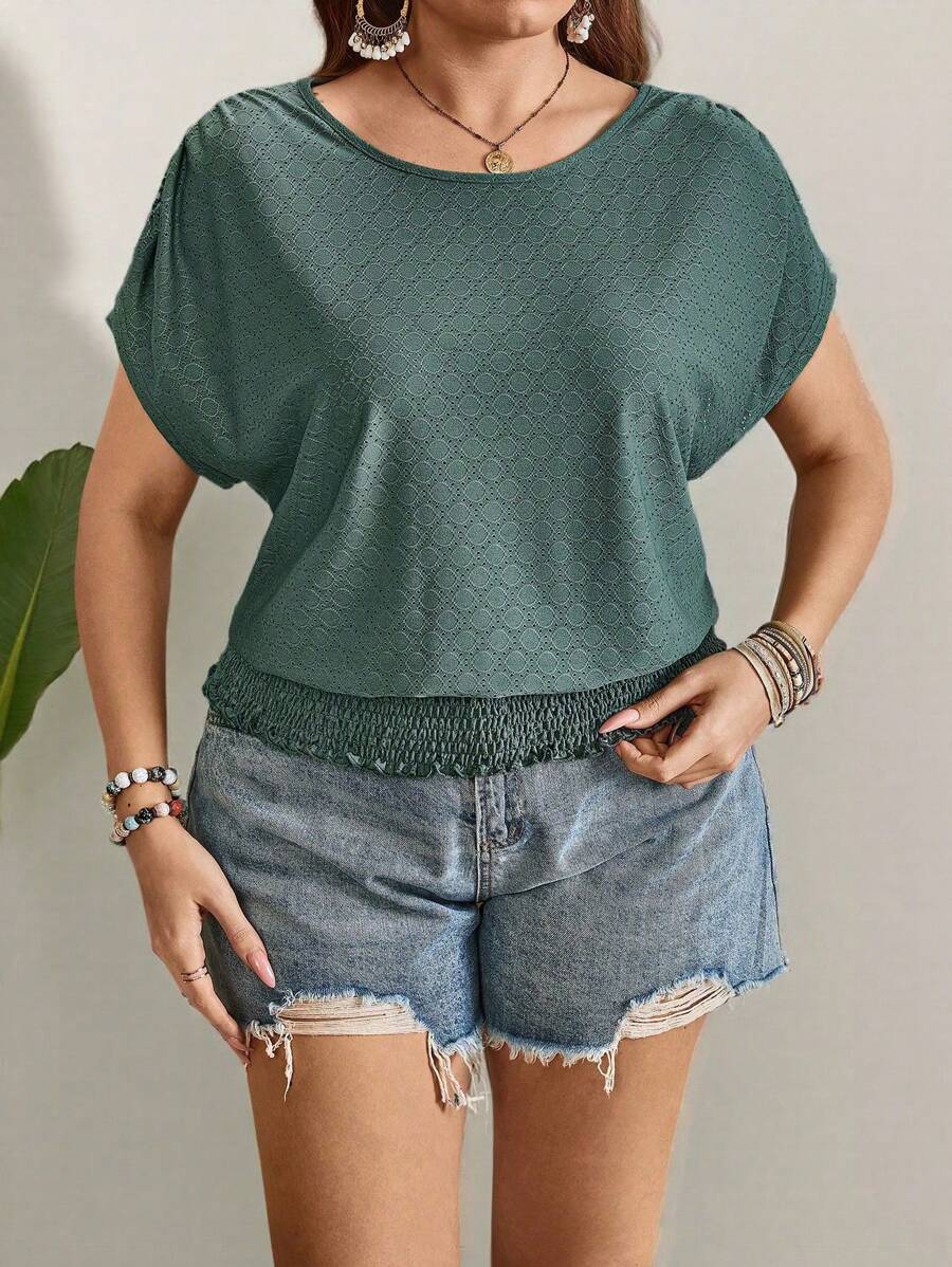 SHEIN LUNE Plus Size Women's Bohemian Short Sleeve Green T-Shirt Top For Music Festival In Spring And Summer Loose Crew-Neck Casual T-Shirt Hem Tightening Holiday Casual T-Shirt