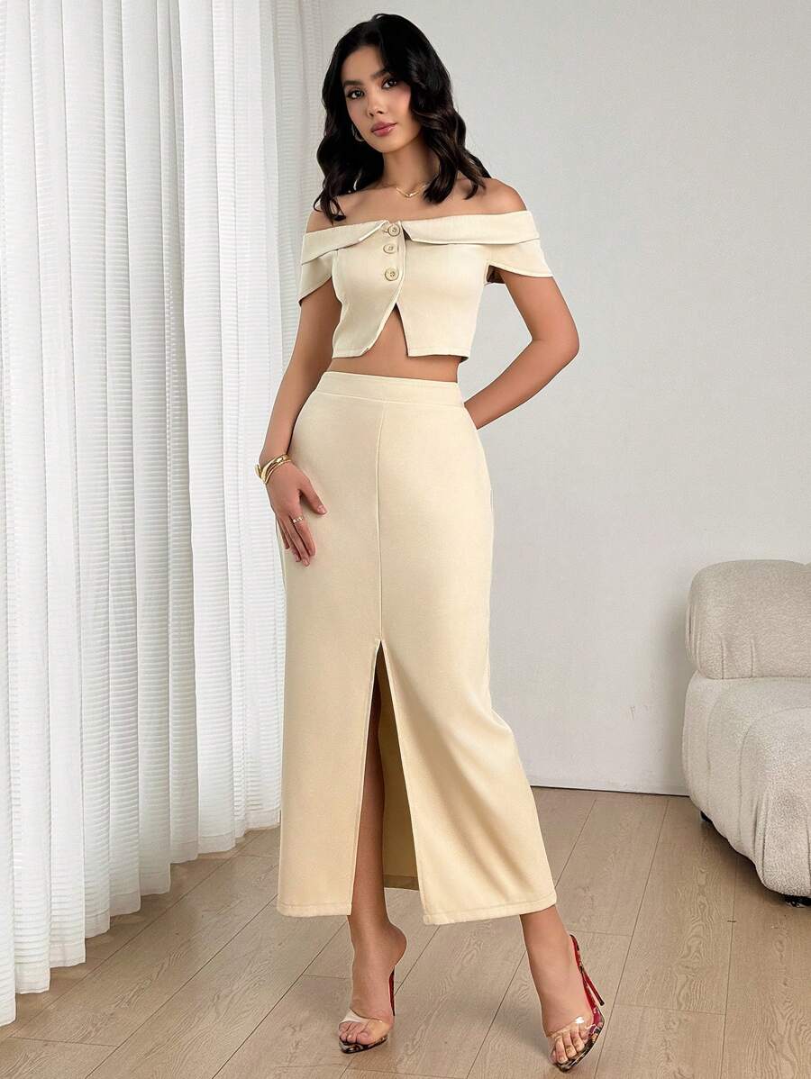 Firerie Women Simple Elegant Off Shoulder Top And Split Hem Skirt Set, Suitable For Office Commute And Daily Wear, Modest - White - View 1
