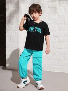 SHEIN Leap Crew 2 Stücke Kleinkind Jungen Lässig Rundhals T-Shirt und Cargohose Set - Lichtblau - Übersicht 4