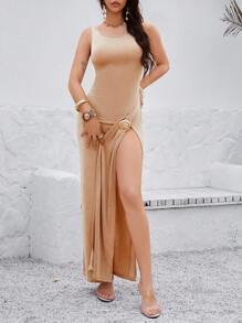 Zolique Women Solid Color Round Neck Side Slit Hem Sleeveless Sexy Dress - Khaki - View 5