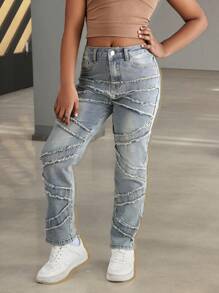 Girls' New Denim Layered Ripped Washed Straight Tassel Fashionable Casual Jeans - Medium Wash - View 5