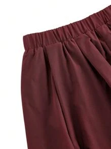 COSMINA 女式纯色褶皱简约休闲裤 - 酒紅色 - 查看 3