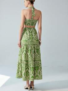 Aveloria Modichic Elegantes florales Farbclash bedrucktes Crop Top mit Trägerkragen & hochgeschnittener A-Linien Rock 2-teiliges Set, verstellbarer elastischer Bund mit Rüschendetails, Urlaubsstil für den Strand