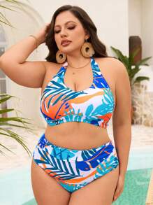 Swim Lushoire Plus Size Women 2pcs Random Print Halter Bikini Swimwear Set For Summer Beach Vacation - Multicolor - View 3