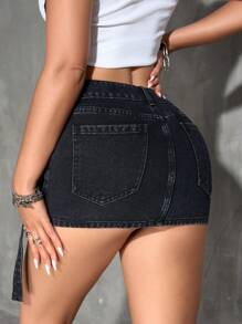 SHEIN PETITE Women's Cargo Pocket Bodycon Casual Denim Mini Skirt