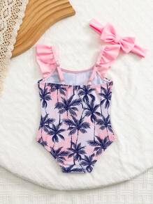 2pcs/Set Newborn Baby Girl Tropical Beach Plant Print Ruffled One-Piece Swimsuit With Hair Band - Pink - View 2