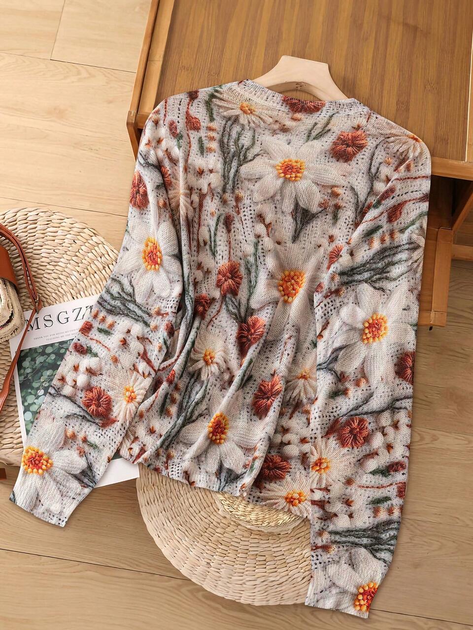 New Arrival Vintage Floral Painting Print Pullover Sweater For Women, Spring/Autumn