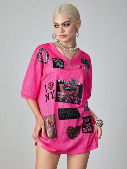 ROMWE Avant Camiseta suelta tipo murciélago con estampado para mujeres (estilo Y2K)