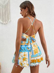 SHEIN VCAY Floral Print Crisscross Tie Backless Halter Top & Shorts Two Pieces Set - Cadet Blue - View 2