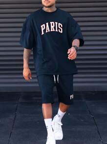 Manfinity Homme 2pcs/Set Plus Size Men Short Sleeve Letter Print T-Shirt And Shorts Set