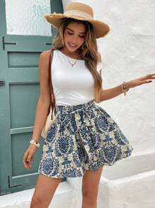 SHEIN Frenchy Women's Vacation Botanical Print Twist Waist Wide Leg Shorts Summer Flower