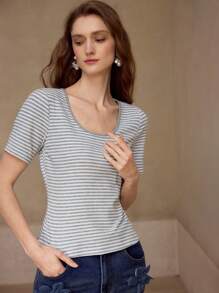 MOTF PREMIUM Camiseta de manga corta con estampado de rayas - Gris Claro - Ver 6